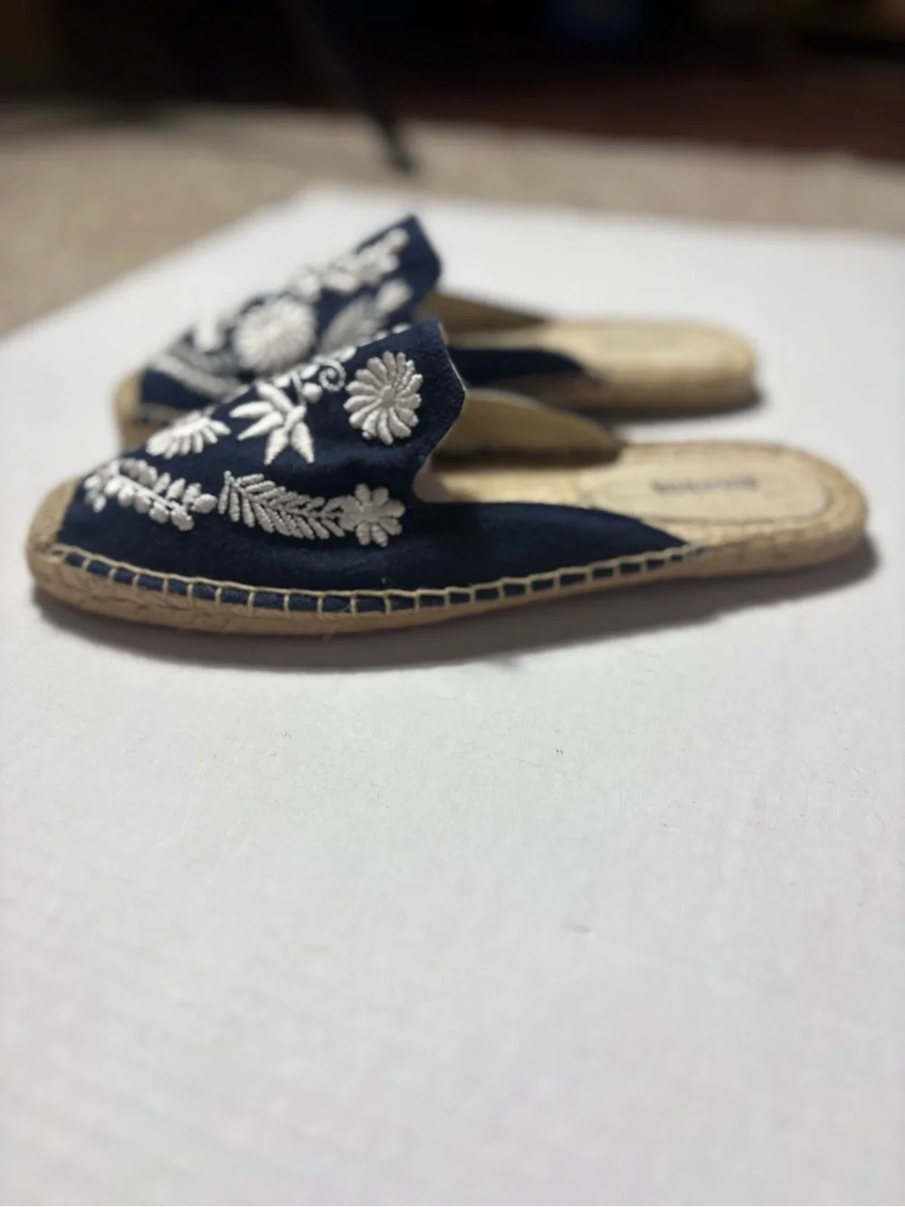 Soludos Ibiza Anthropologie Women Sz 8 Navy Embroidered Espadrille Slip on Mules